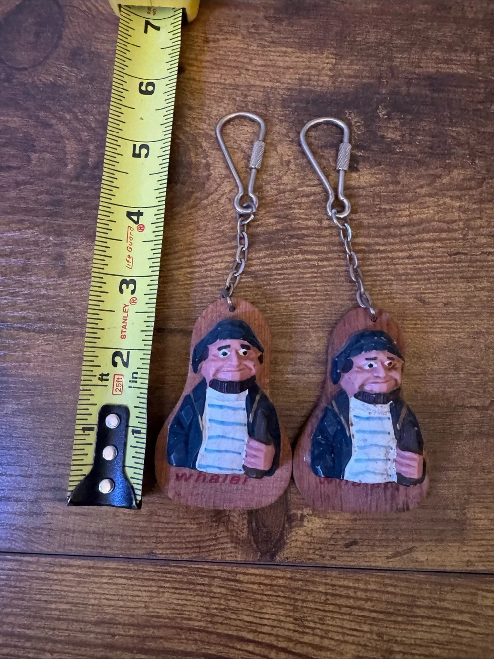Vintage Wooden Whaler Fisherman Keychains‎ Pair Hand Carved Taiwan Nautical